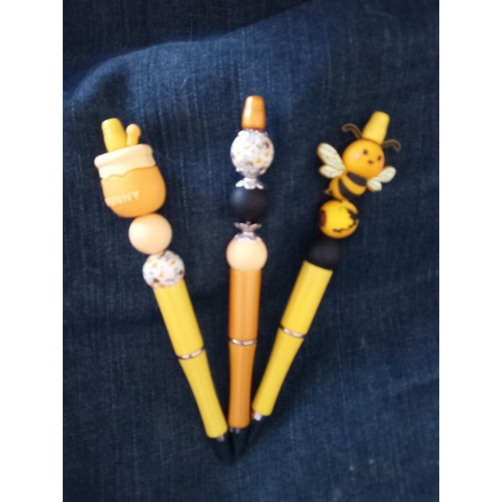 Set Of Three Beaded Pens  Bee Themed New Great Gift Stocking Stuffer